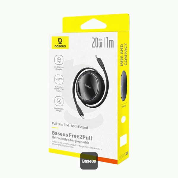 Navíjecí kabel Baseus Free2Pull USB-C/Lightning s nastavitelnou délkou až 1m 20W, černá