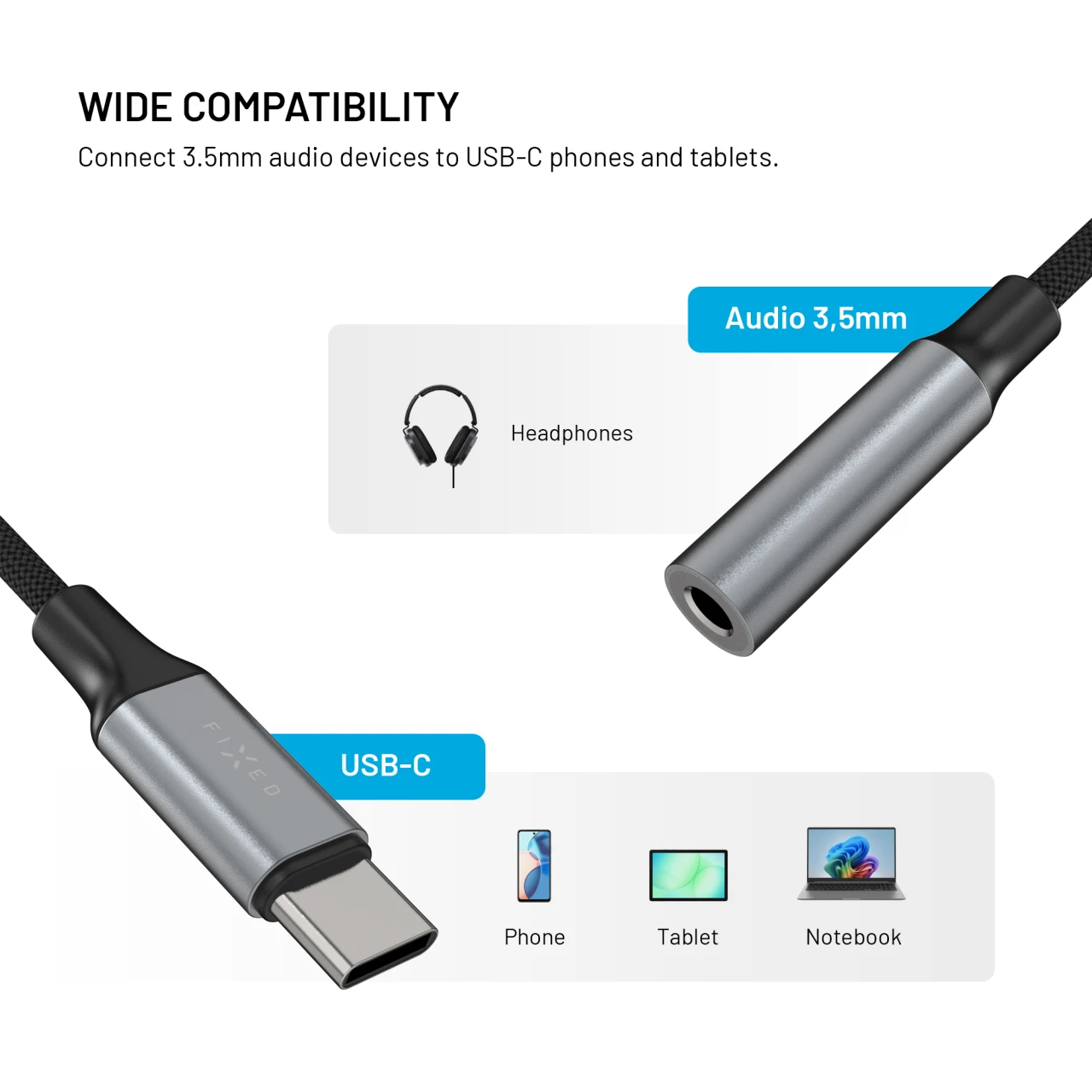 Redukce z hliníku FIXED Link USB-C na 3,5mm jack, space gray
