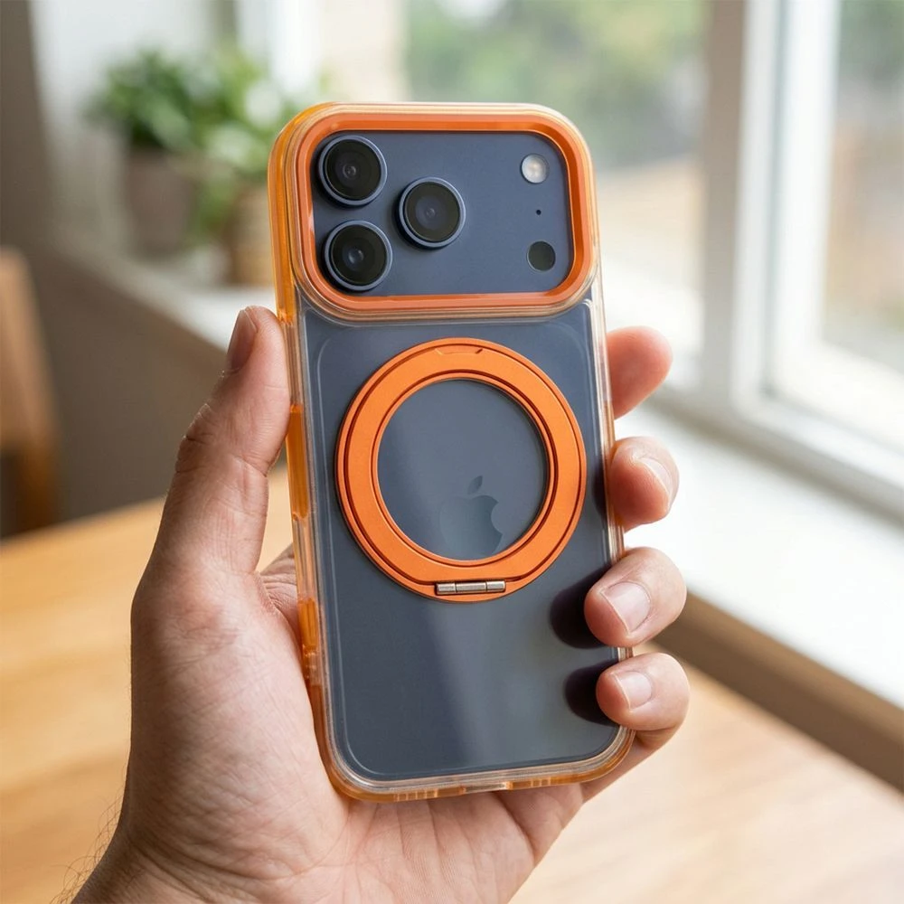 Case for iPhone 17 Pro Max / 18 Pro Max ( low camera edge) Frame Circle Stand compatible with MagSafe orange