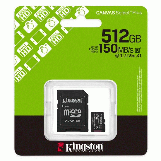 Paměťová karta 512GB Kingston microSDXC Canvas SelectPlus Gen3 150MB/s A1 s adaptérem