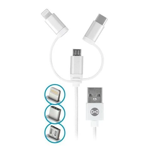Kabel Forever 3v1 micro USB+Lightning+USB-C 1m 1,5A, bílá