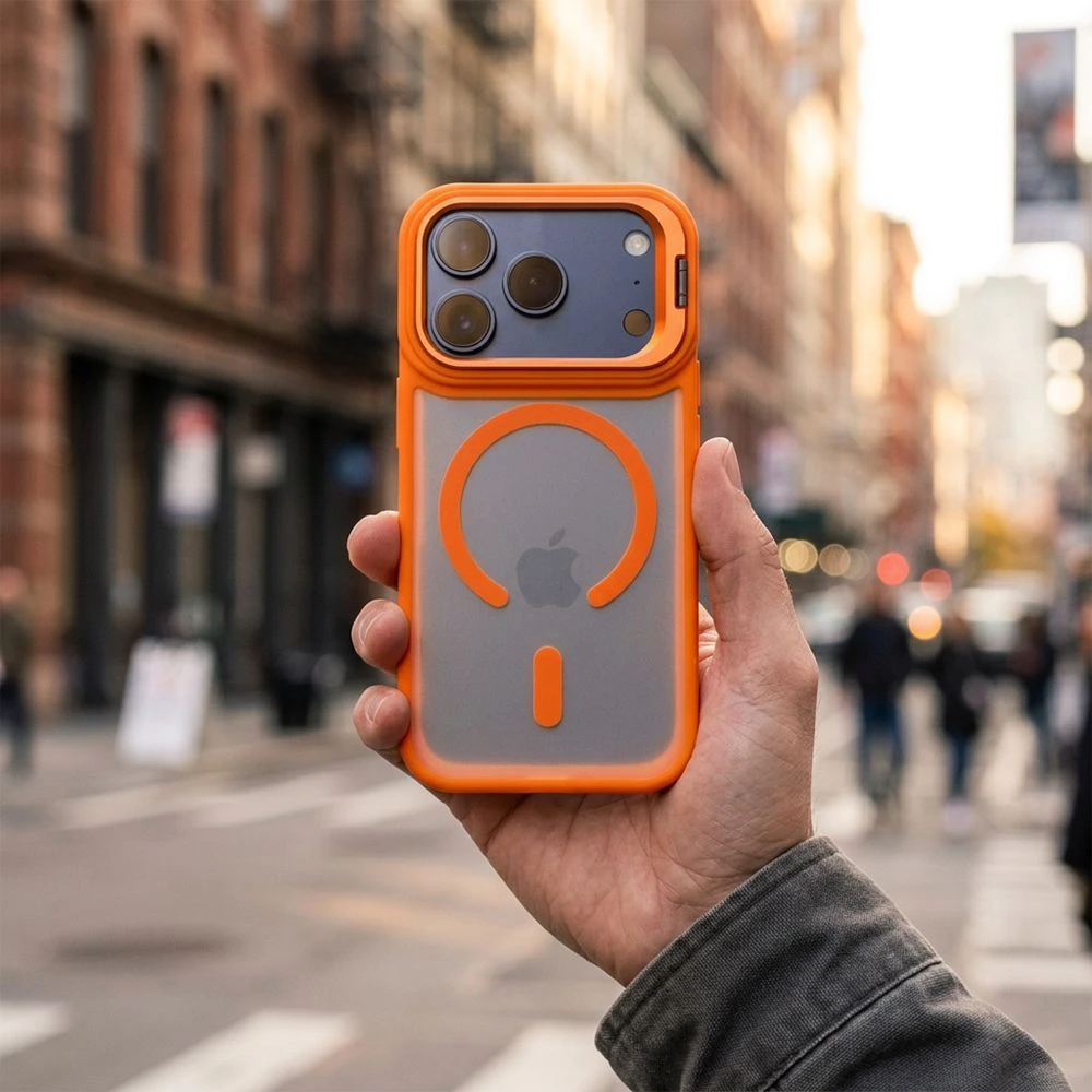 Case for iPhone 17 Pro / 18 Pro Forcell F-Protect Shadow Stand Premium compatible with MagSafe orange