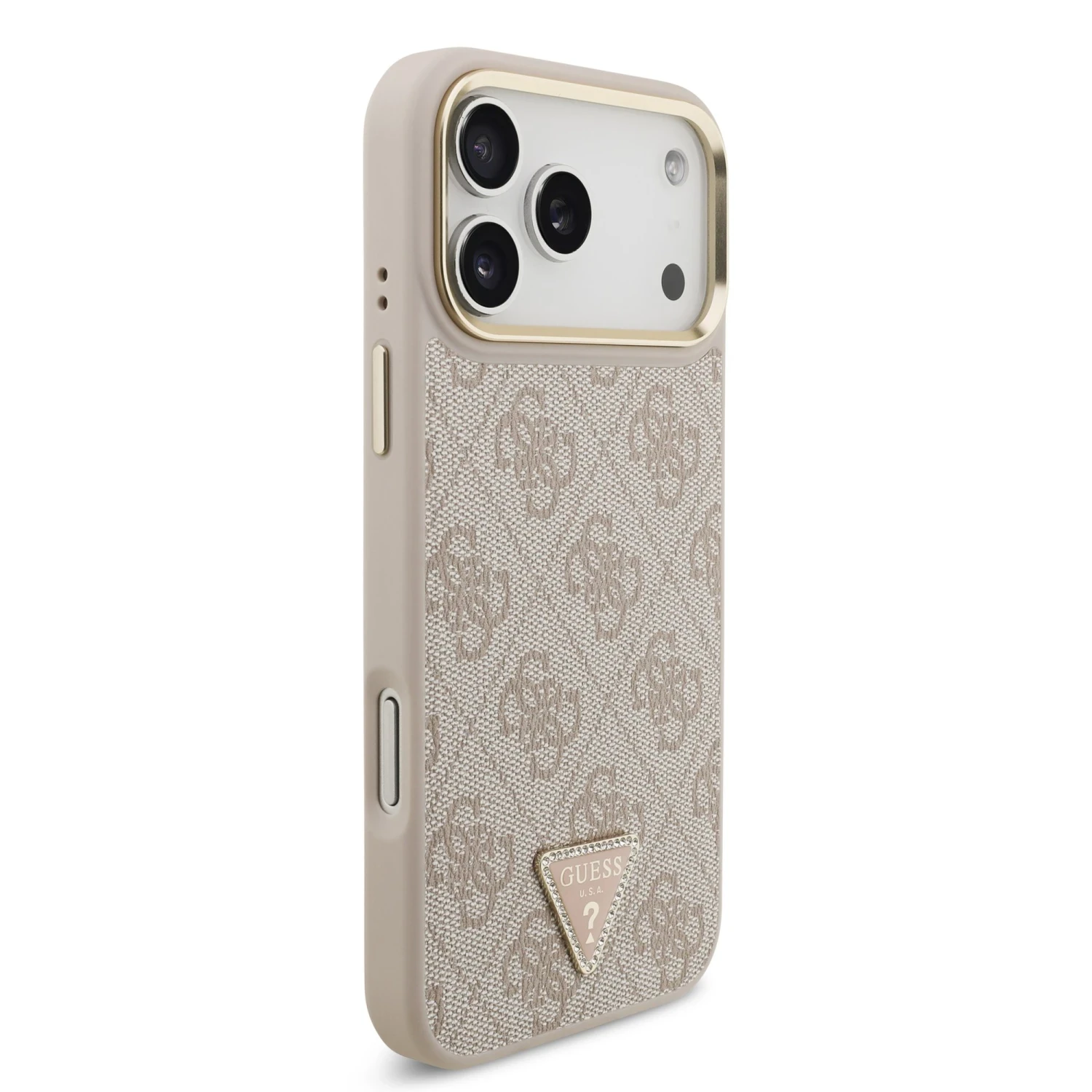 Zadní kryt Guess PU Leather 4G Strass Triangle Logo Gold Frame MagSafe pro Apple iPhone 18 Pro, růžová