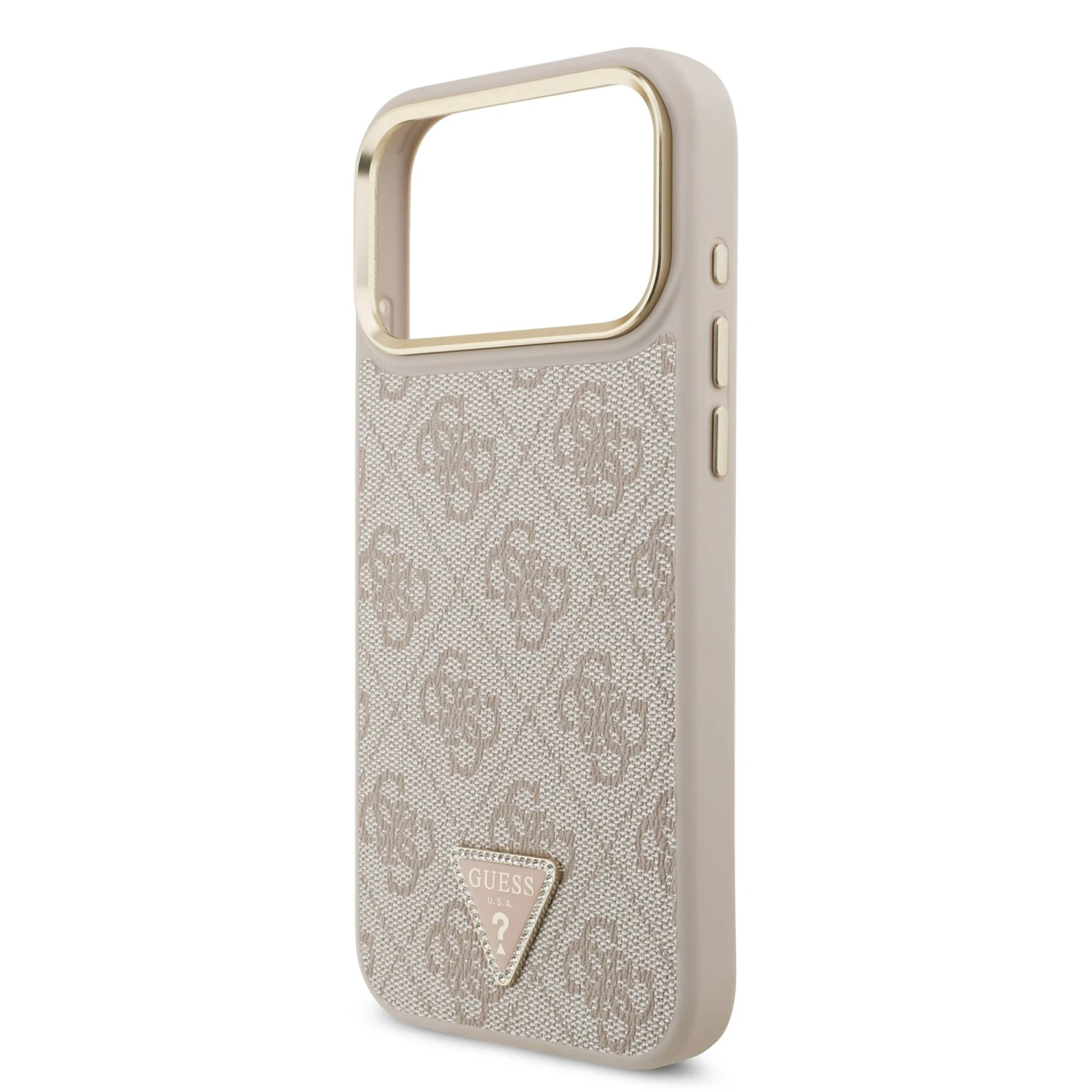 Zadní kryt Guess PU Leather 4G Strass Triangle Logo Gold Frame MagSafe pro Apple iPhone 18 Pro, růžová