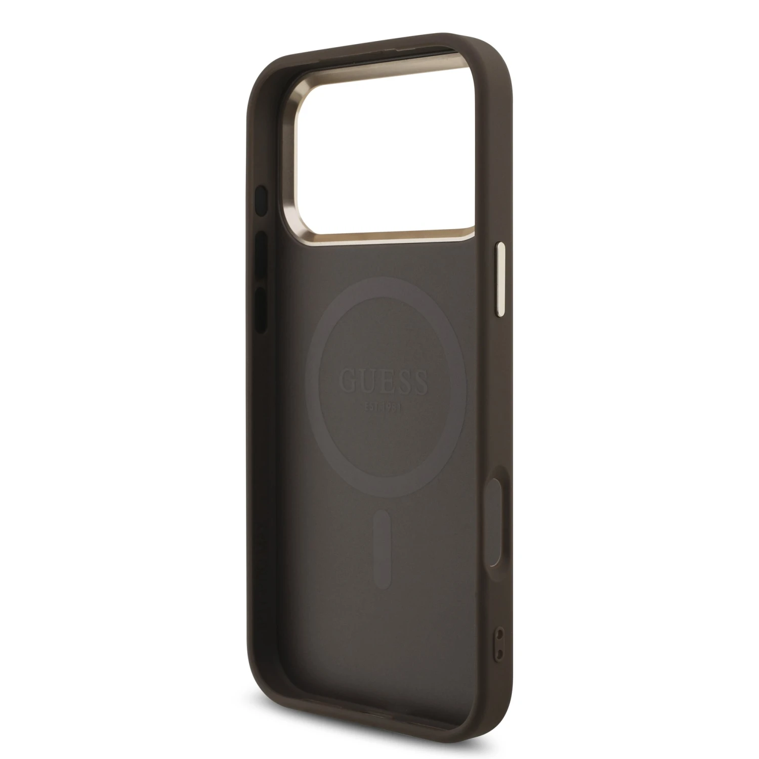Guess PU Leather 4G Strass Triangle Logo Gold Frame MagSafe Zadní Kryt pro iPhone 18 Pro Max Brown