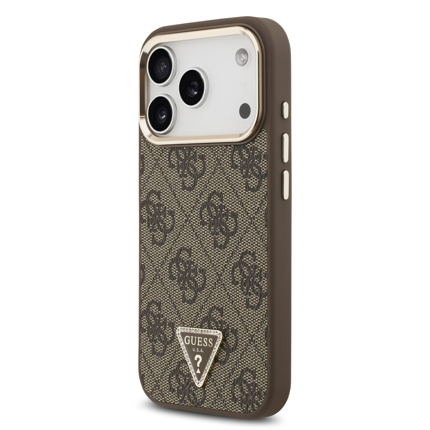 Guess PU Leather 4G Strass Triangle Logo Gold Frame MagSafe Zadní Kryt pro iPhone 18 Pro Brown