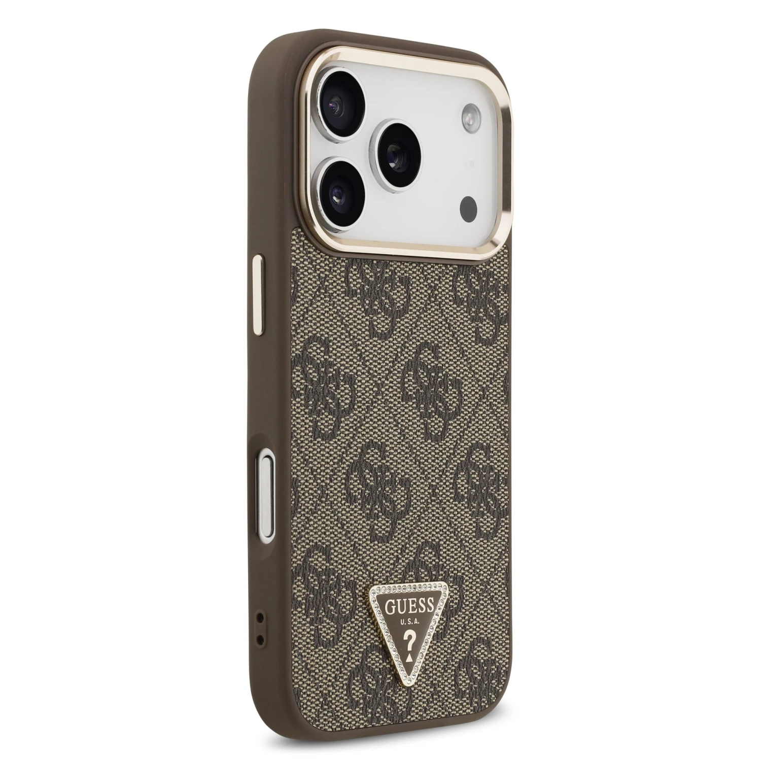 Guess PU Leather 4G Strass Triangle Logo Gold Frame MagSafe Zadní Kryt pro iPhone 18 Pro Brown