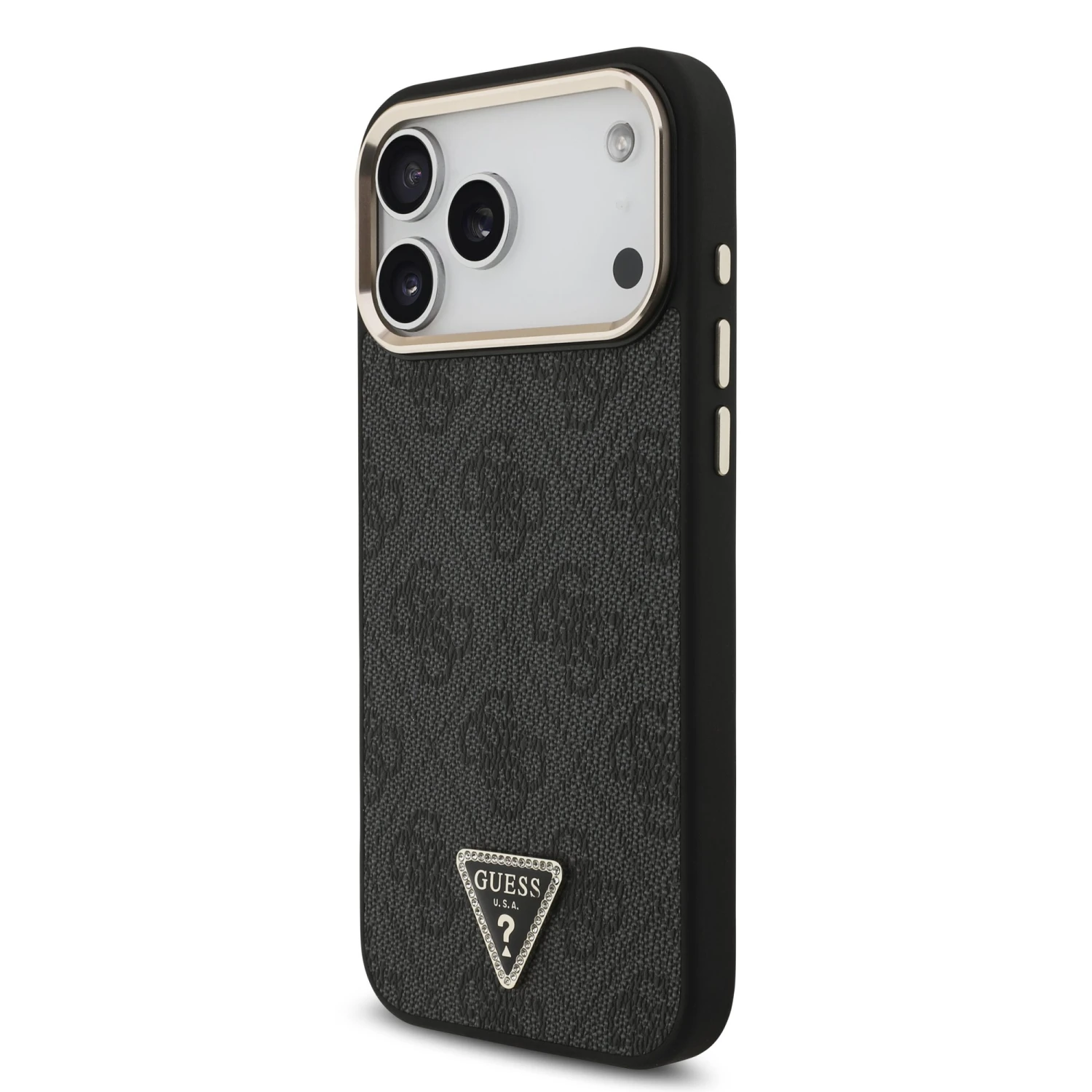 Guess PU Leather 4G Strass Triangle Logo Gold Frame MagSafe Zadní Kryt pro iPhone 18 Pro Max Black
