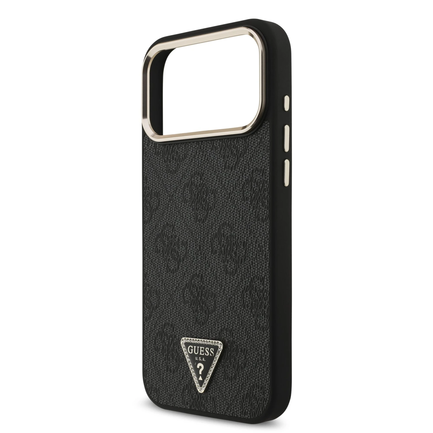 Guess PU Leather 4G Strass Triangle Logo Gold Frame MagSafe Zadní Kryt pro iPhone 18 Pro Max Black