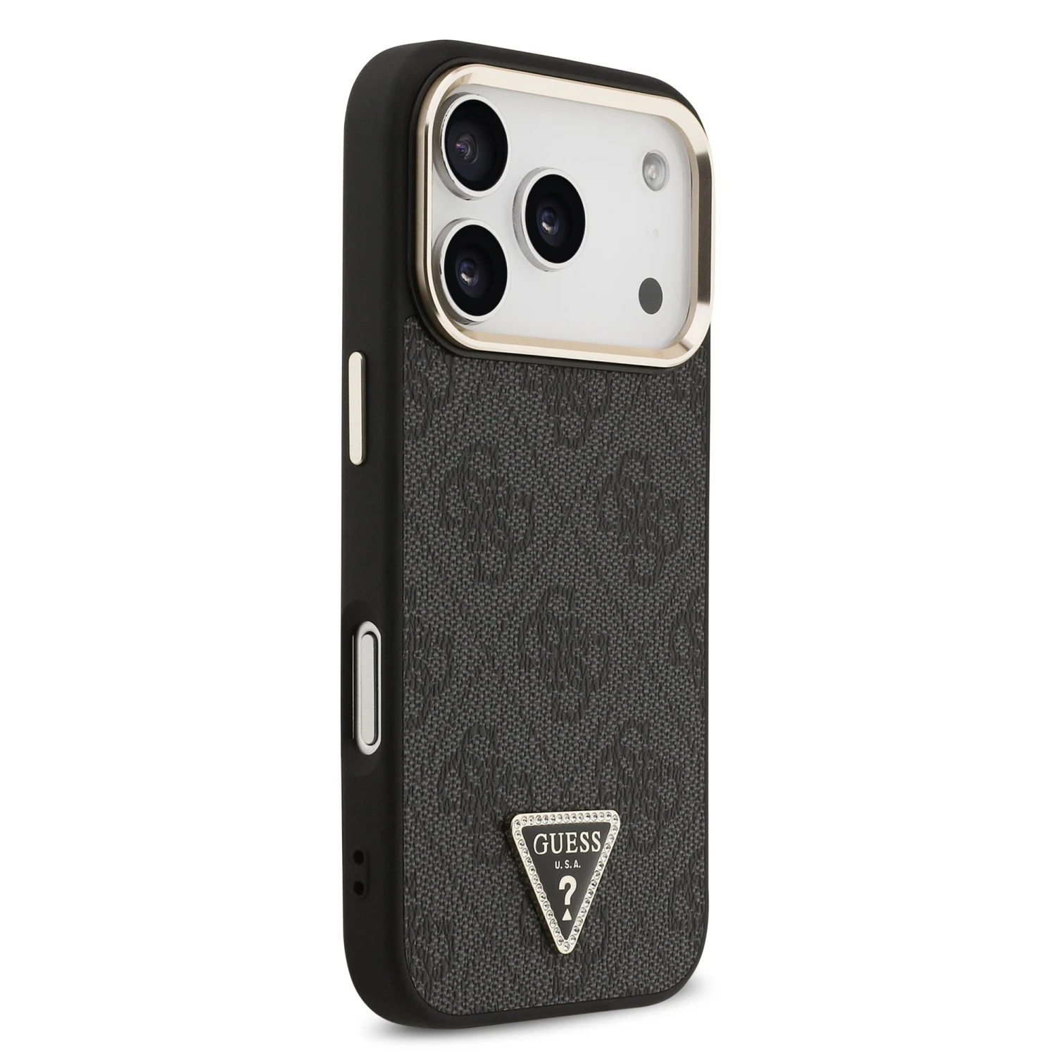 Guess PU Leather 4G Strass Triangle Logo Gold Frame MagSafe Zadní Kryt pro iPhone 18 Pro Black