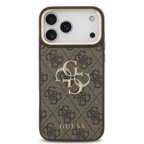 Guess PU Leather 4G Metal Logo Gold Frame Zadní Kryt pro iPhone 18 Pro Max Brown