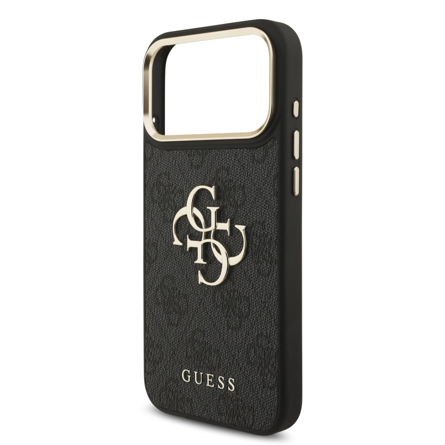 Guess PU Leather 4G Metal Logo Gold Frame Zadní Kryt pro iPhone 18 Pro Max Black