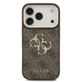 Guess PU Leather 4G Metal Logo Gold Frame Zadní Kryt pro iPhone 18 Pro Brown