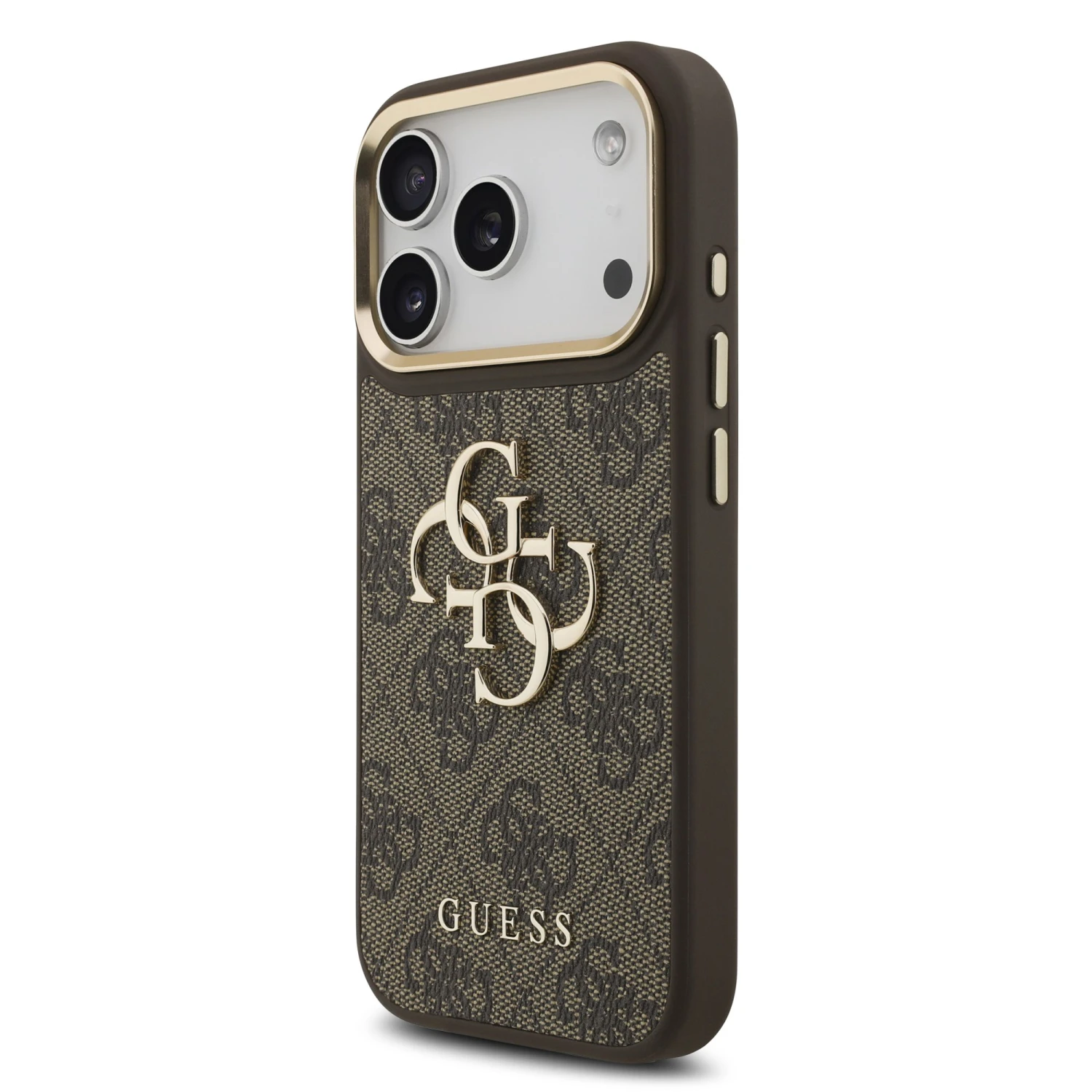 Guess PU Leather 4G Metal Logo Gold Frame Zadní Kryt pro iPhone 18 Pro Brown