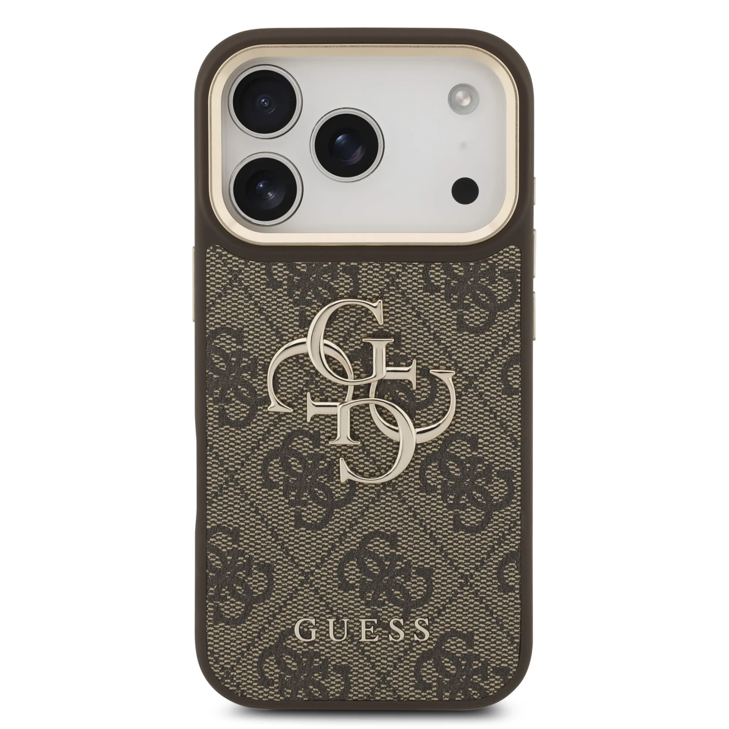 Guess PU Leather 4G Metal Logo Gold Frame Zadní Kryt pro iPhone 18 Pro Brown