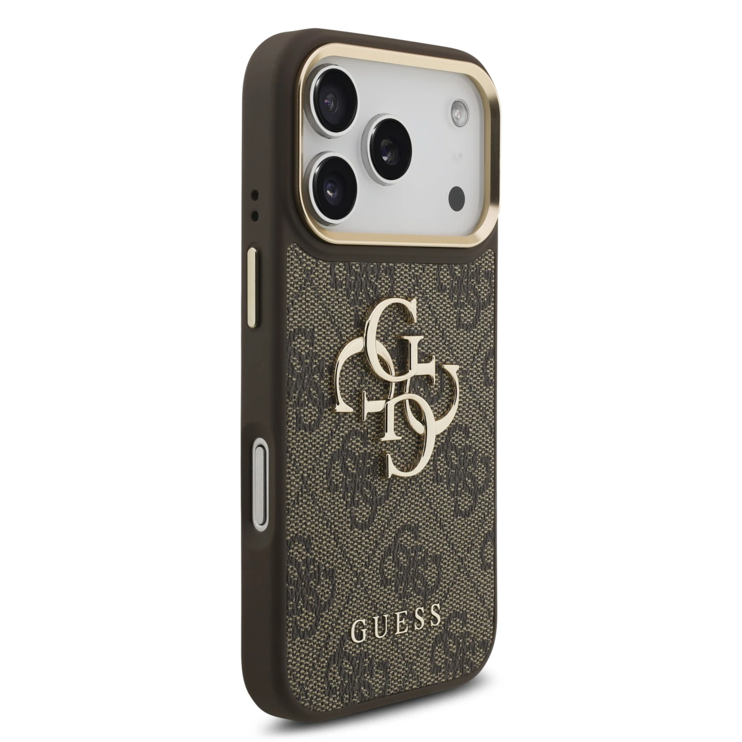 Guess PU Leather 4G Metal Logo Gold Frame Zadní Kryt pro iPhone 18 Pro Brown