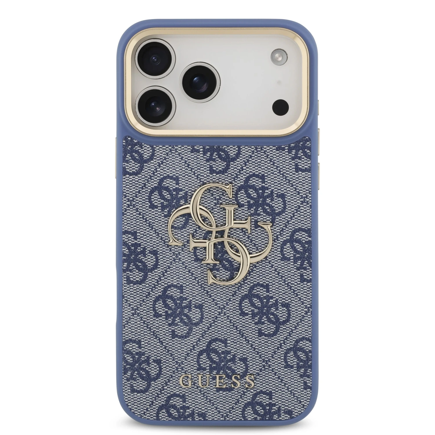 Guess PU Leather 4G Metal Logo Gold Frame Zadní Kryt pro iPhone 18 Pro Max Blue