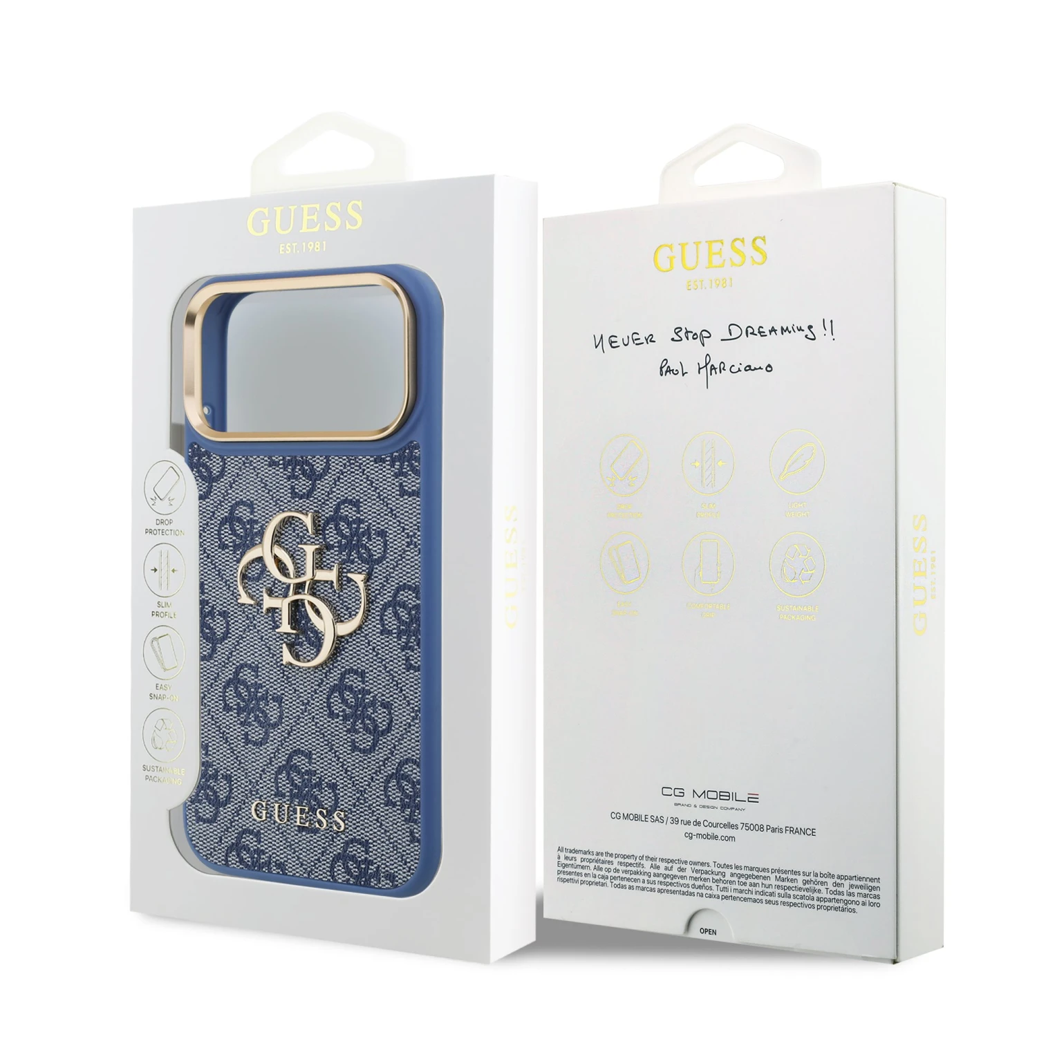 Guess PU Leather 4G Metal Logo Gold Frame Zadní Kryt pro iPhone 18 Pro Max Blue