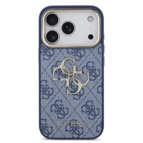 Guess PU Leather 4G Metal Logo Gold Frame Zadní Kryt pro iPhone 18 Pro Blue