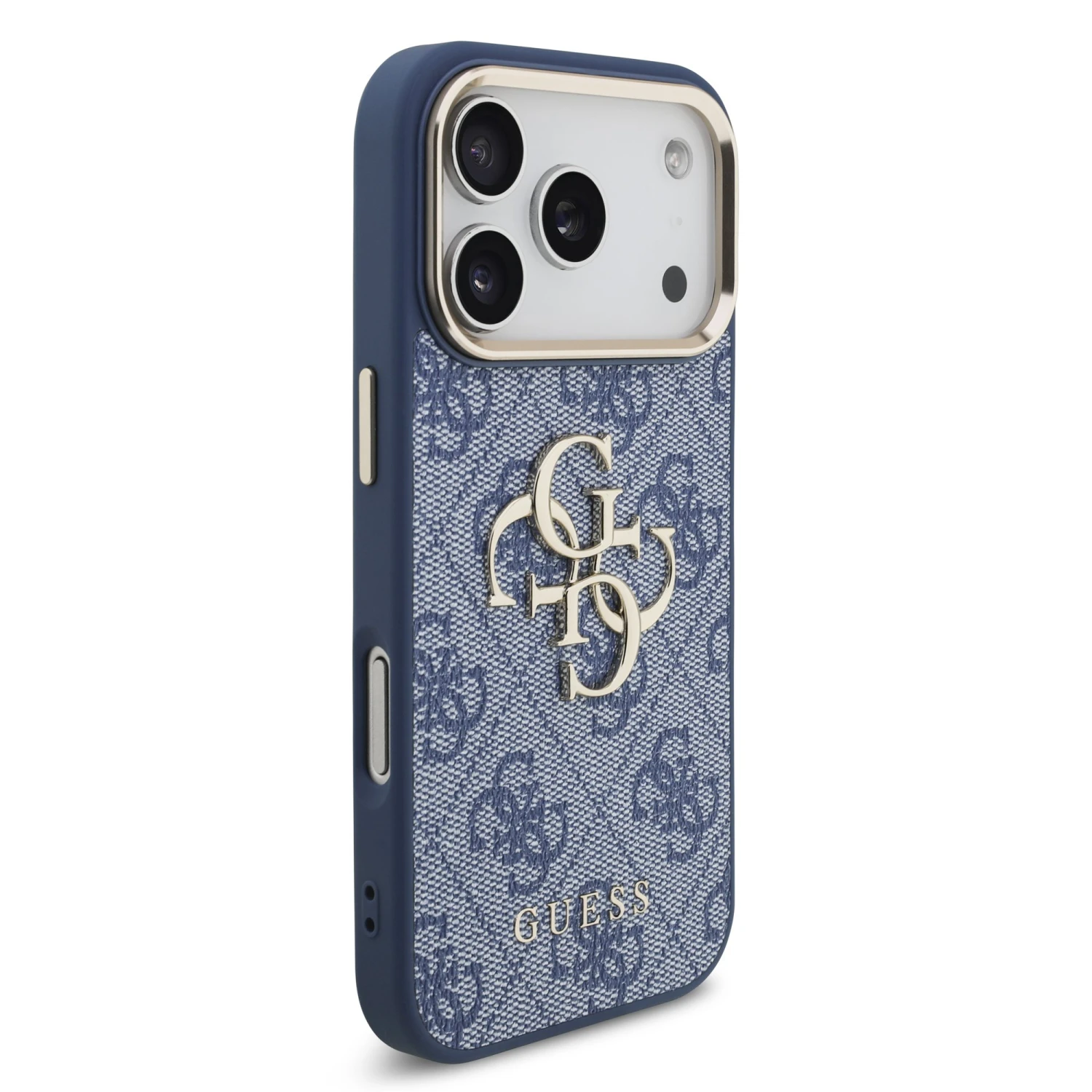 Guess PU Leather 4G Metal Logo Gold Frame Zadní Kryt pro iPhone 18 Pro Blue