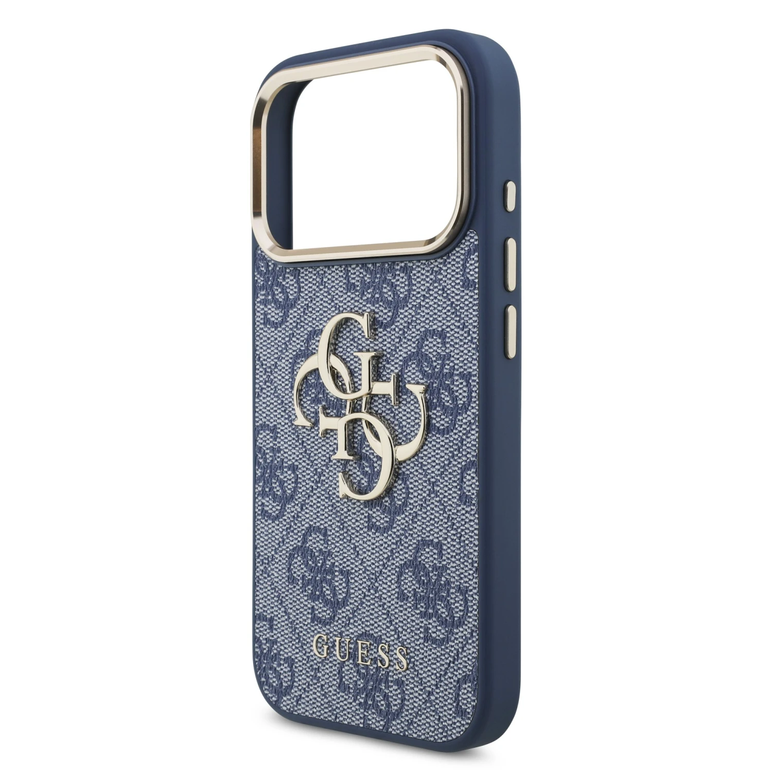 Guess PU Leather 4G Metal Logo Gold Frame Zadní Kryt pro iPhone 18 Pro Blue