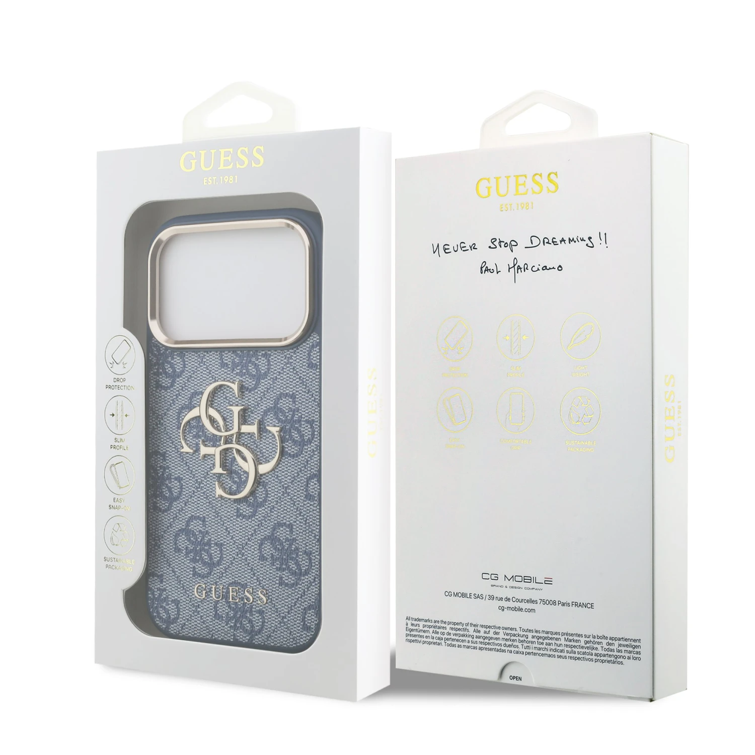 Guess PU Leather 4G Metal Logo Gold Frame Zadní Kryt pro iPhone 18 Pro Blue