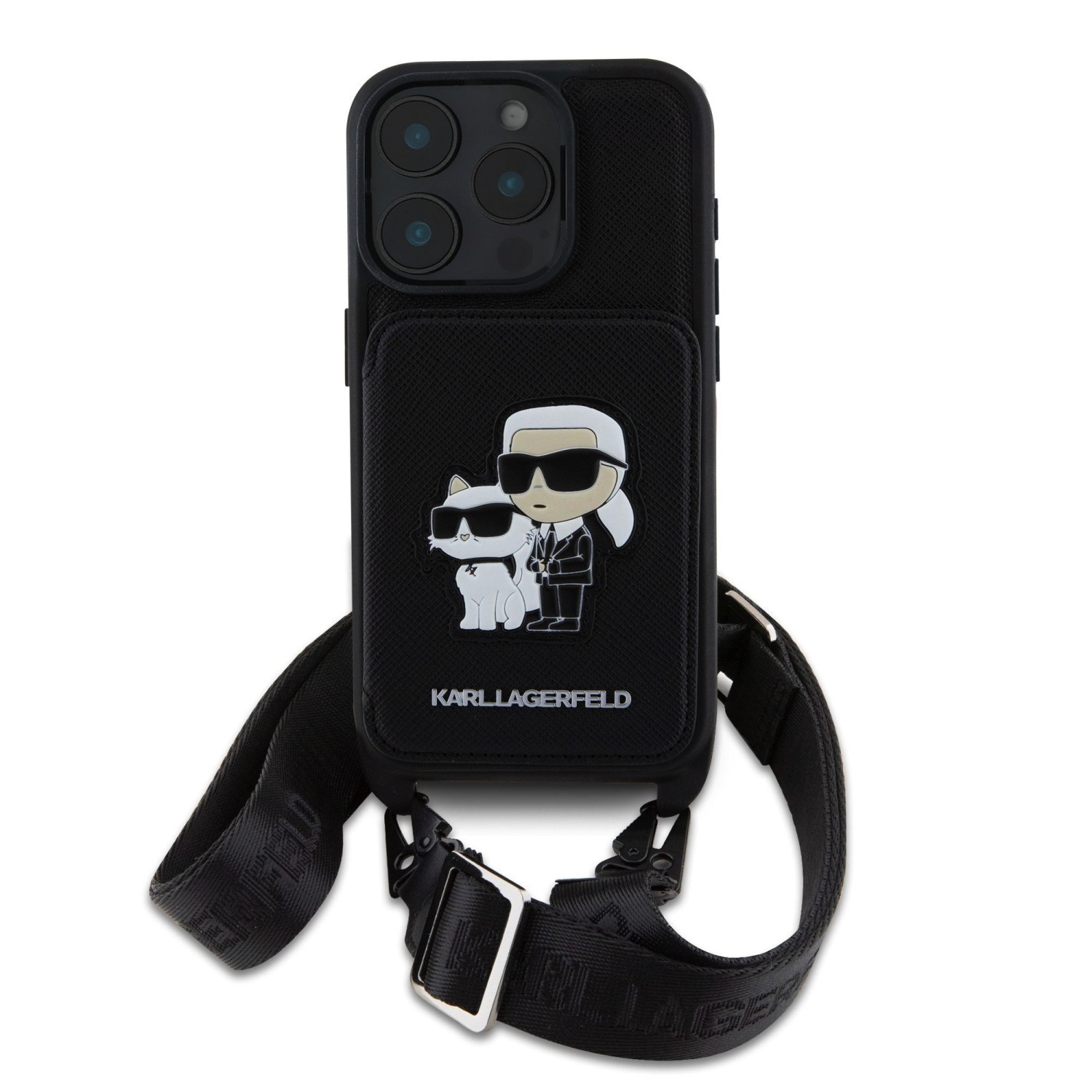 Zadní kryt Karl Lagerfeld Saffiano Crossbody Popruh Karl and Choupette pro Apple iPhone 18 Pro Max, černá