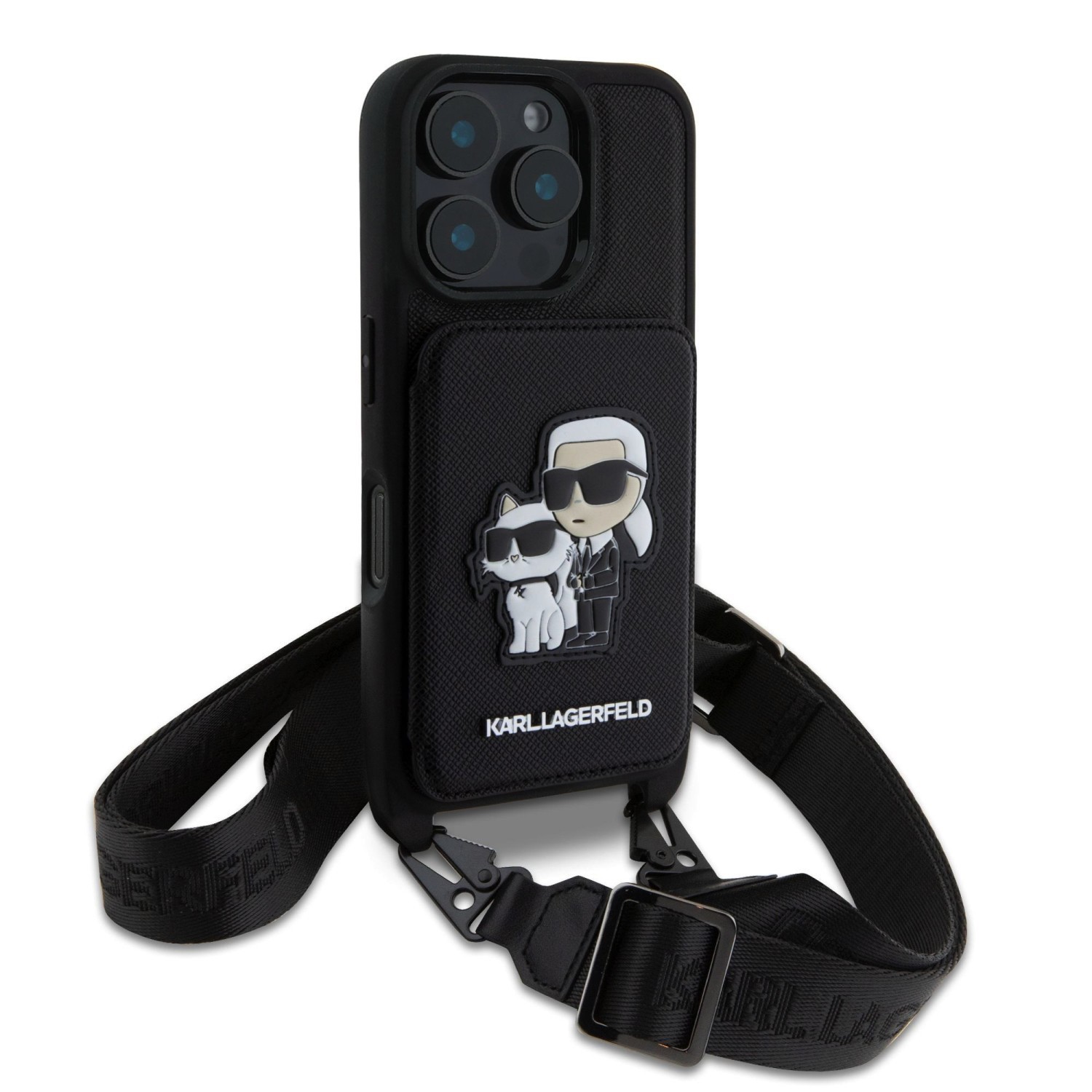 Zadní kryt Karl Lagerfeld Saffiano Crossbody Popruh Karl and Choupette pro Apple iPhone 18 Pro Max, černá