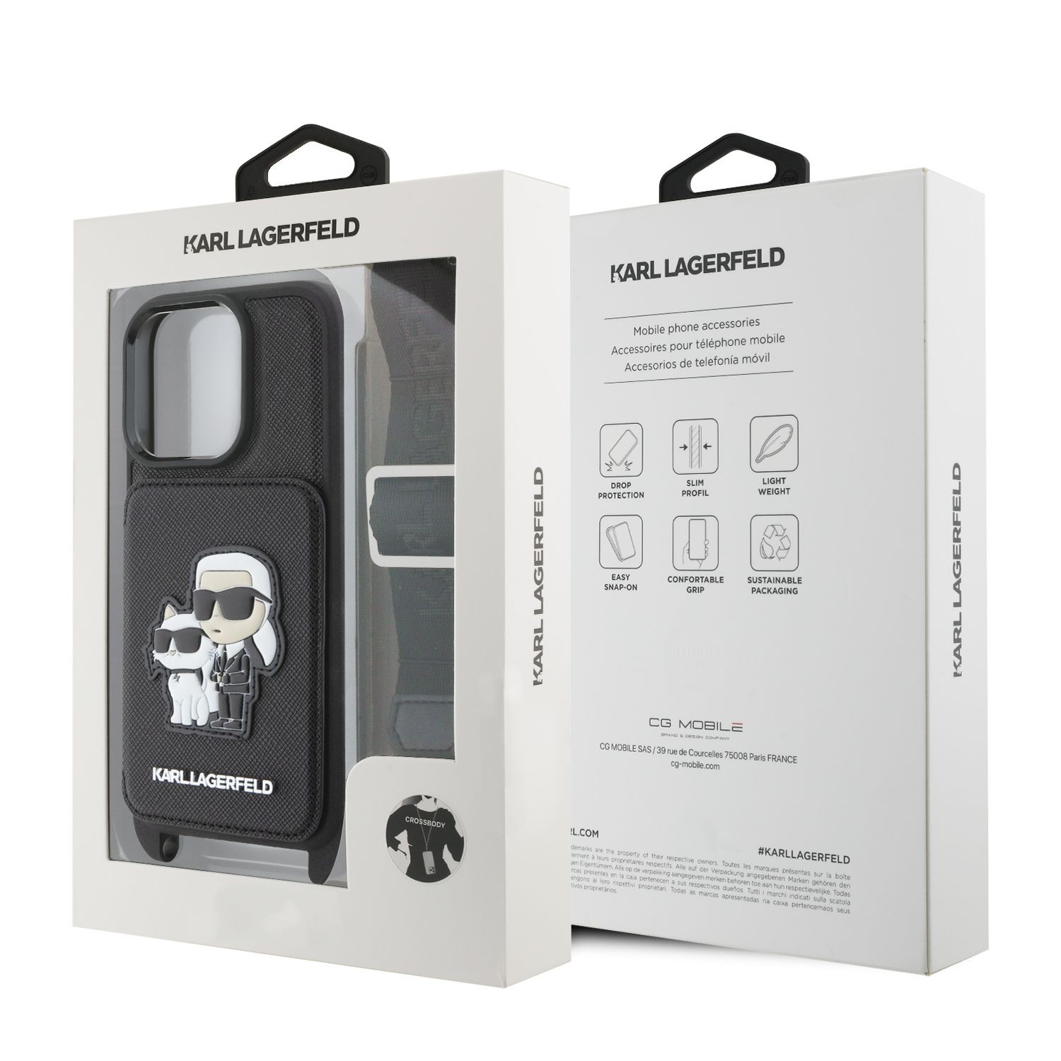 Zadní kryt Karl Lagerfeld Saffiano Crossbody Popruh Karl and Choupette pro Apple iPhone 18 Pro, černá