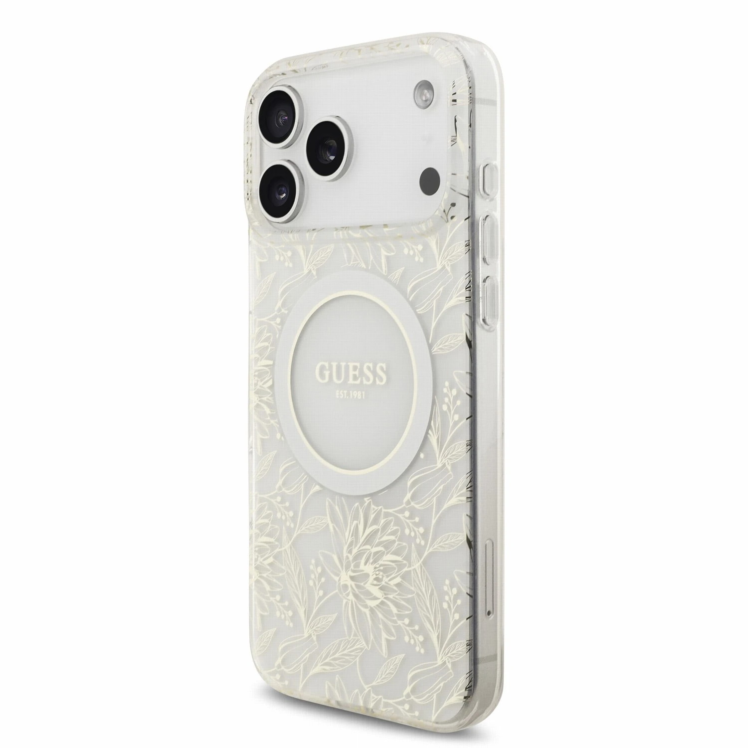 Guess IML Flowers Allover Strap MagSafe Zadní Kryt pro iPhone 18 Pro Max White