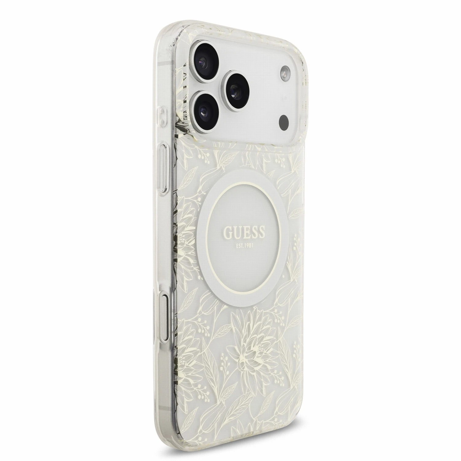 Guess IML Flowers Allover Strap MagSafe Zadní Kryt pro iPhone 18 Pro Max White
