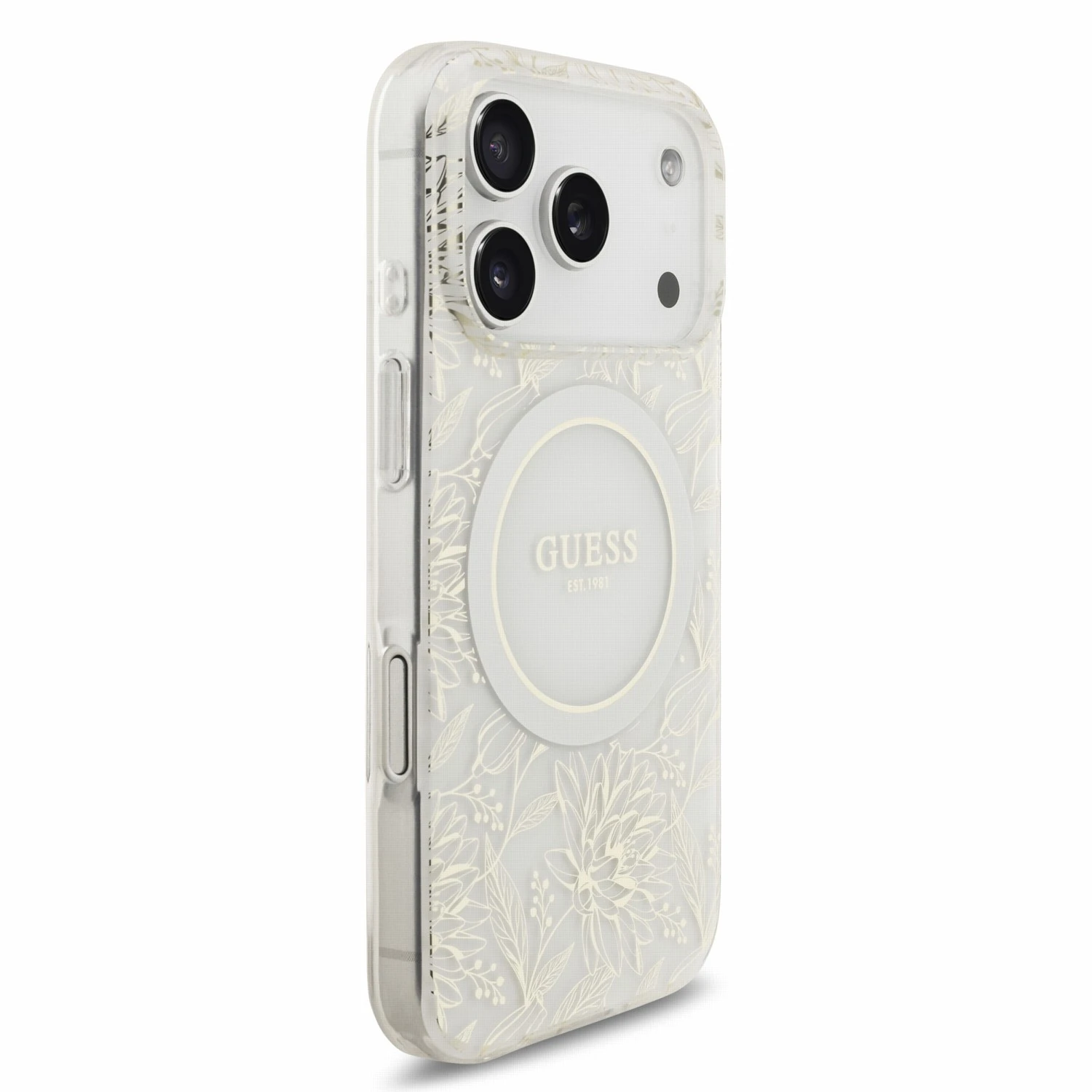 Guess IML Flowers Allover Strap MagSafe Zadní Kryt pro iPhone 18 Pro White