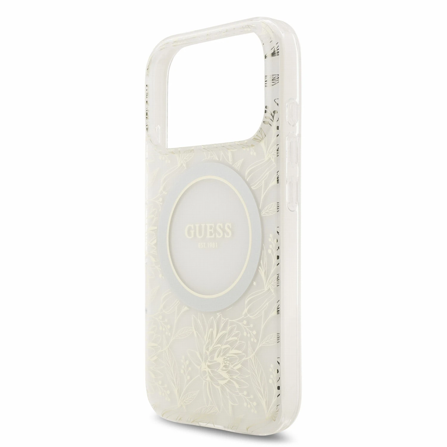 Guess IML Flowers Allover Strap MagSafe Zadní Kryt pro iPhone 18 Pro White