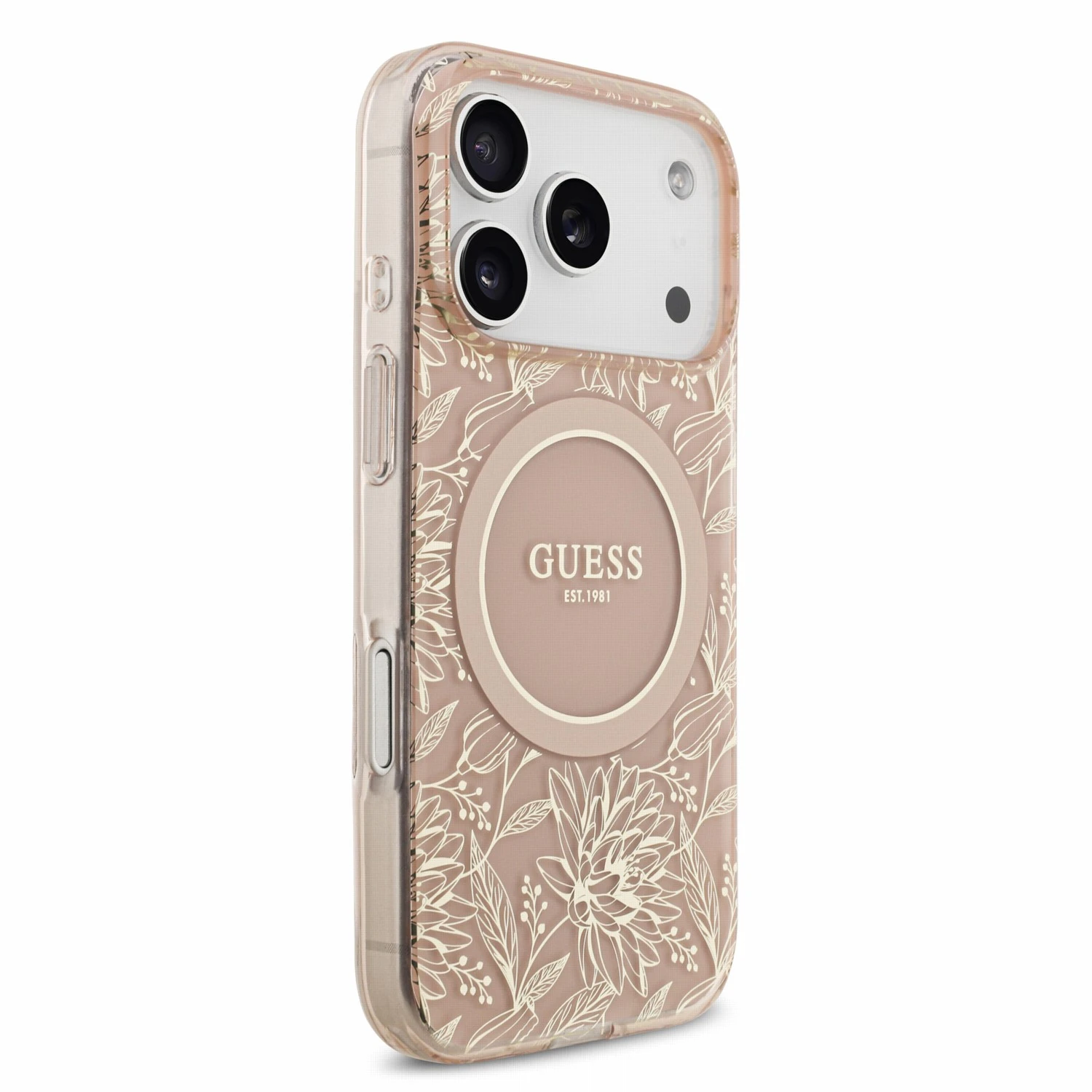 Guess IML Flowers Allover Strap MagSafe Zadní Kryt pro iPhone 18 Pro Pink