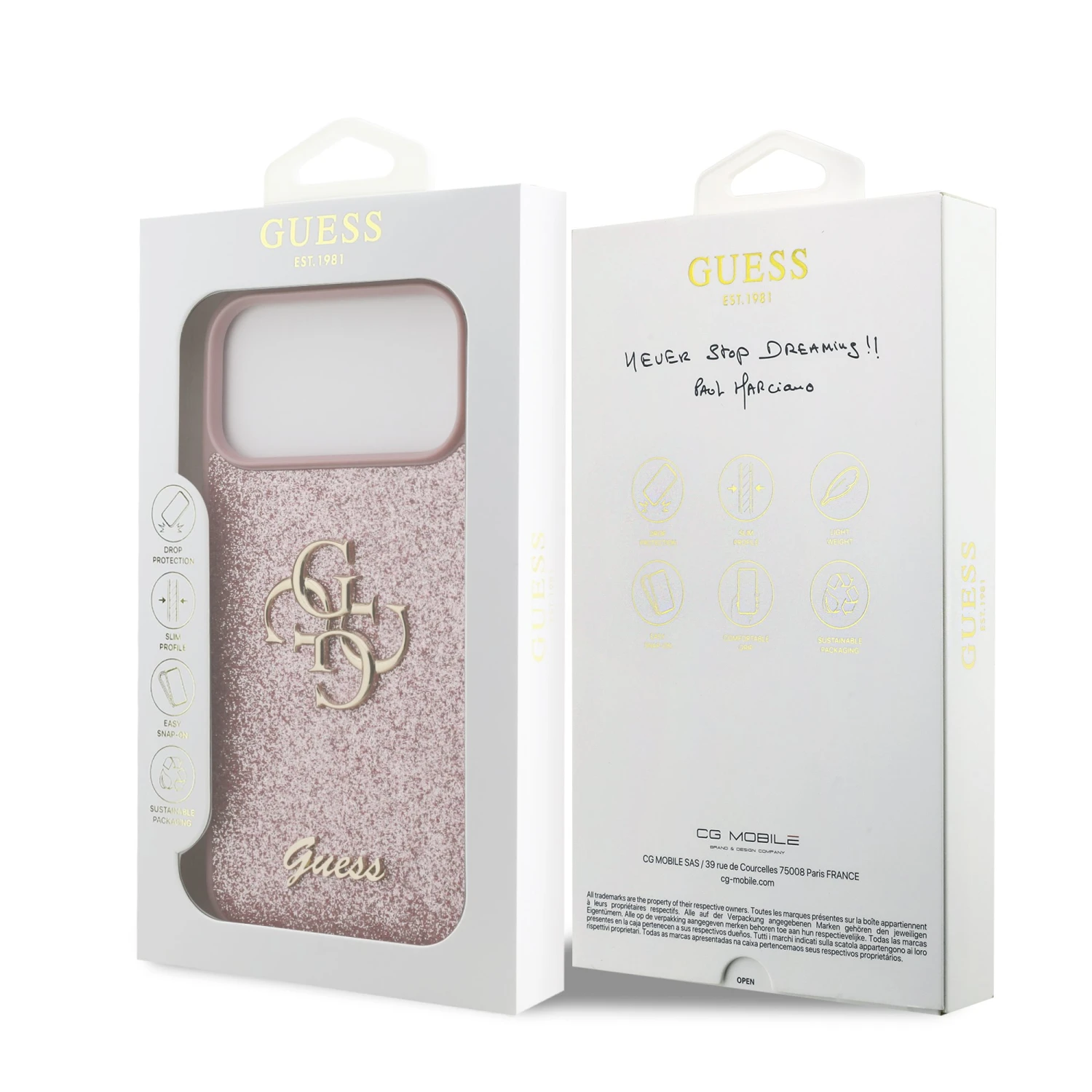 Guess PU Fixed Glitter 4G Metal Logo Zadní Kryt pro iPhone 18 Pro Max Pink