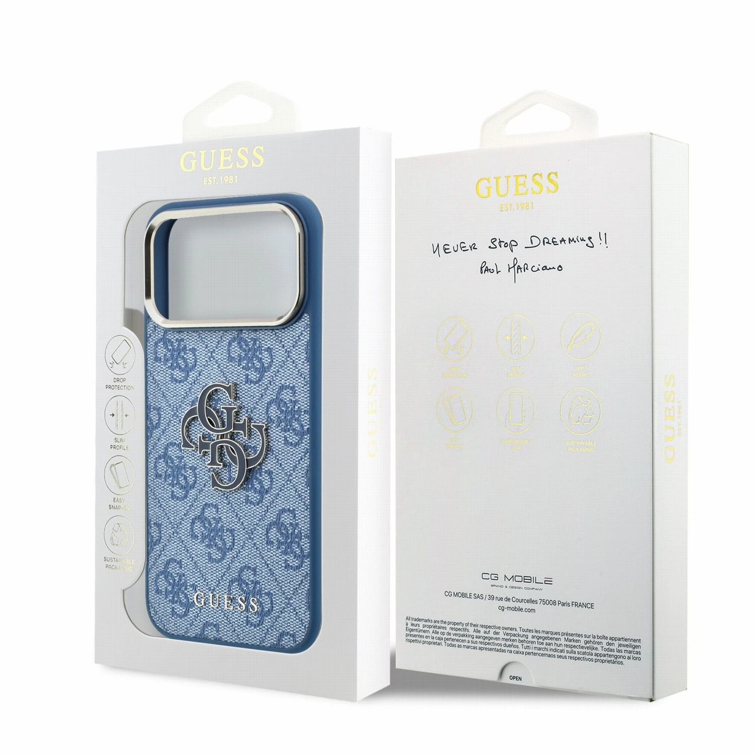 Guess PU 4G Resin Metal Logo Zadní Kryt pro iPhone 18 Pro Max Blue