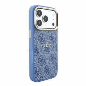 Guess PU Leather 4G Gold Frame Embossed MagSafe Zadní Kryt pro iPhone 18 Pro Max Blue