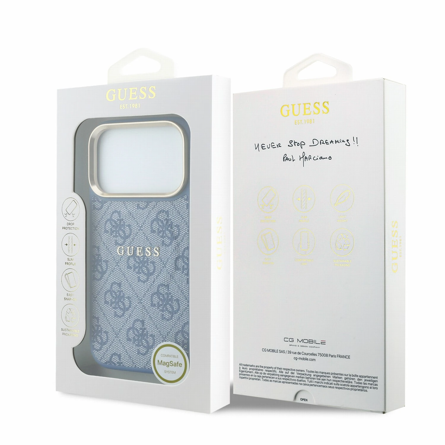 Guess PU Leather 4G Gold Frame Embossed MagSafe Zadní Kryt pro iPhone 18 Pro Blue