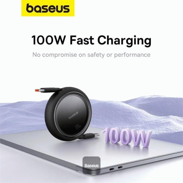 Navíjecí kabel Baseus Free2Draw USB-C/USB-C 1m 100W, černá