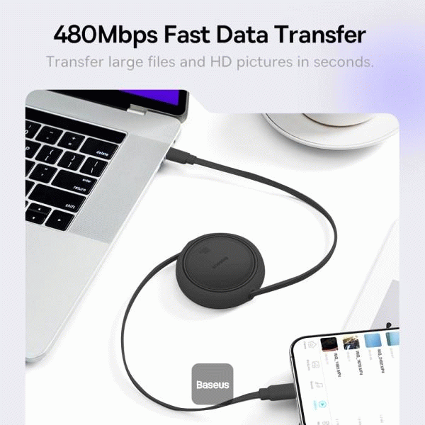 Navíjecí kabel Baseus Free2Draw USB-C/USB-C 1m 100W, černá