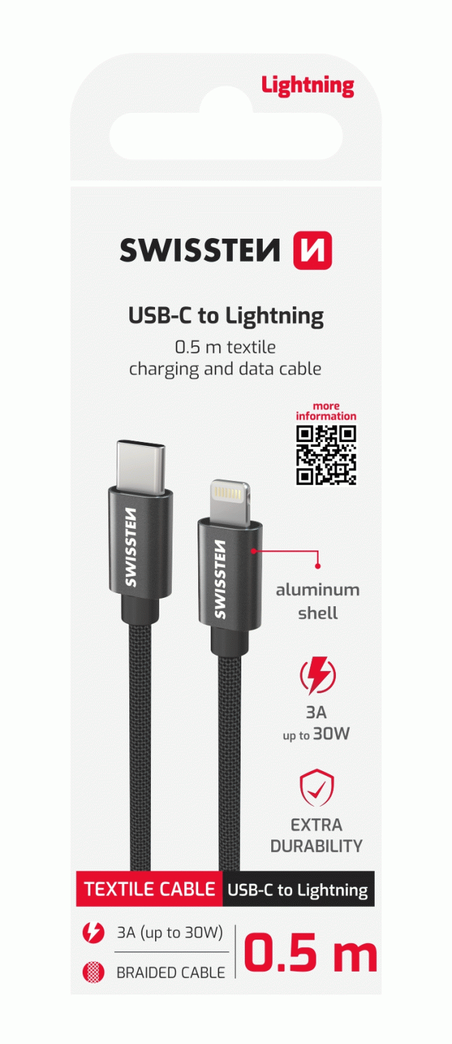 DATOVÝ KABEL SWISSTEN TEXTILE USB-C / LIGHTNING 0,5 M, ČERNÁ