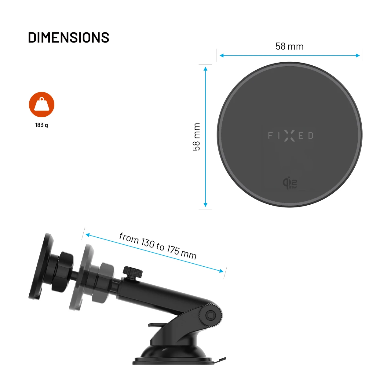 FIXED MagRound 3XL s bezdrátovým nabíjením na sklo, palubní desku, podpora MagSafe, 25W, Qi2.2, černá