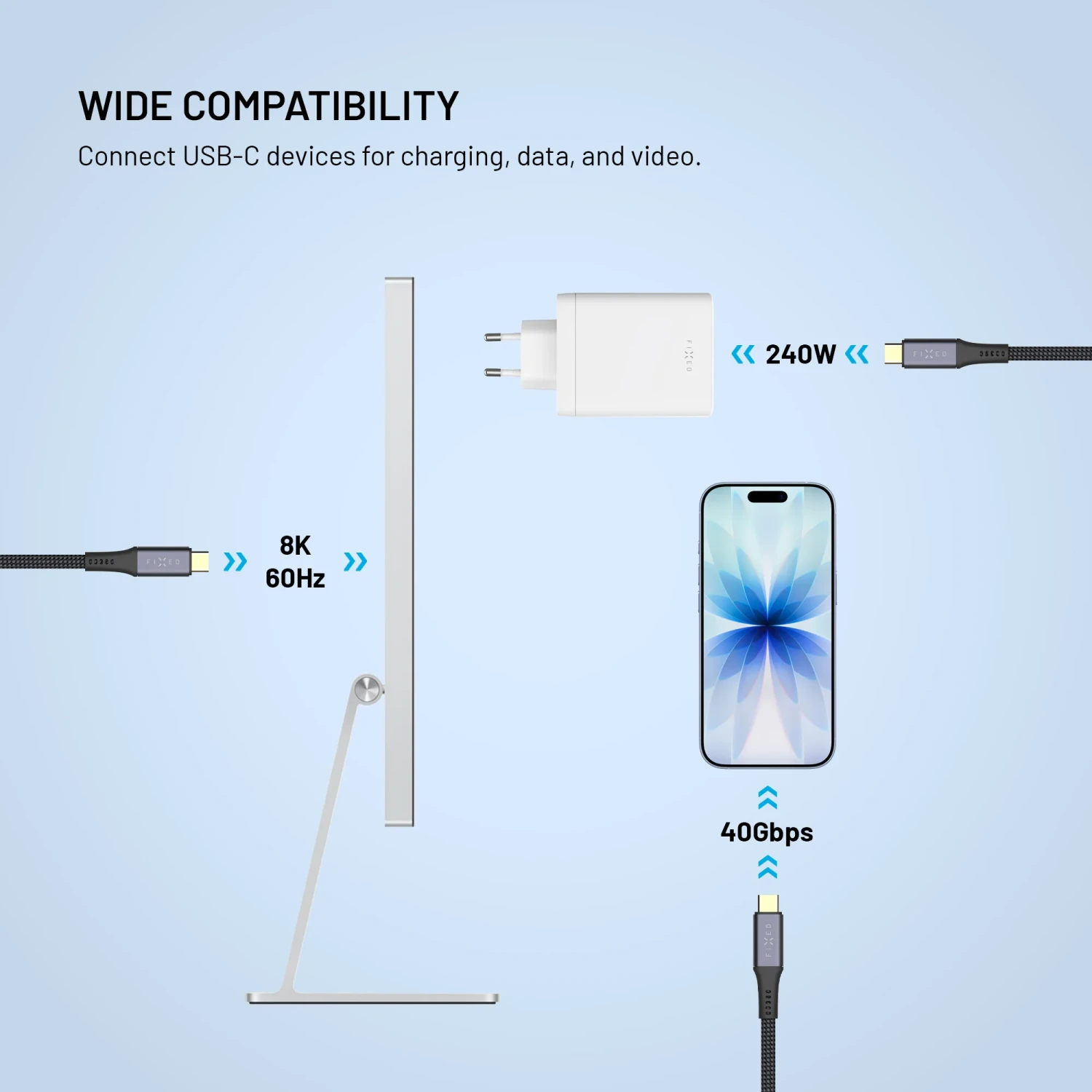 FIXED Media Cable USB-C/USB-C, PD 3.1, 0.35m, USB4 Gen3 40Gbps, 8K60Hz, 240W, černá
