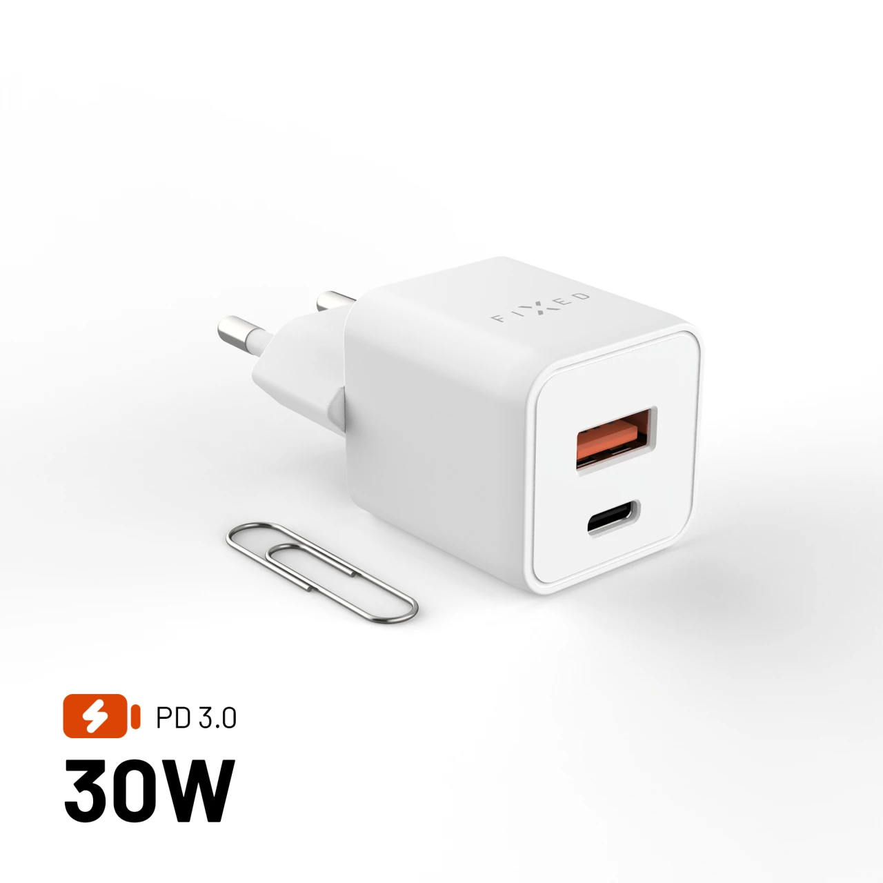 Síťová GaN nabíječka FIXED Mini s USB-C a USB výstupem a podporou PD, 30W, bílá