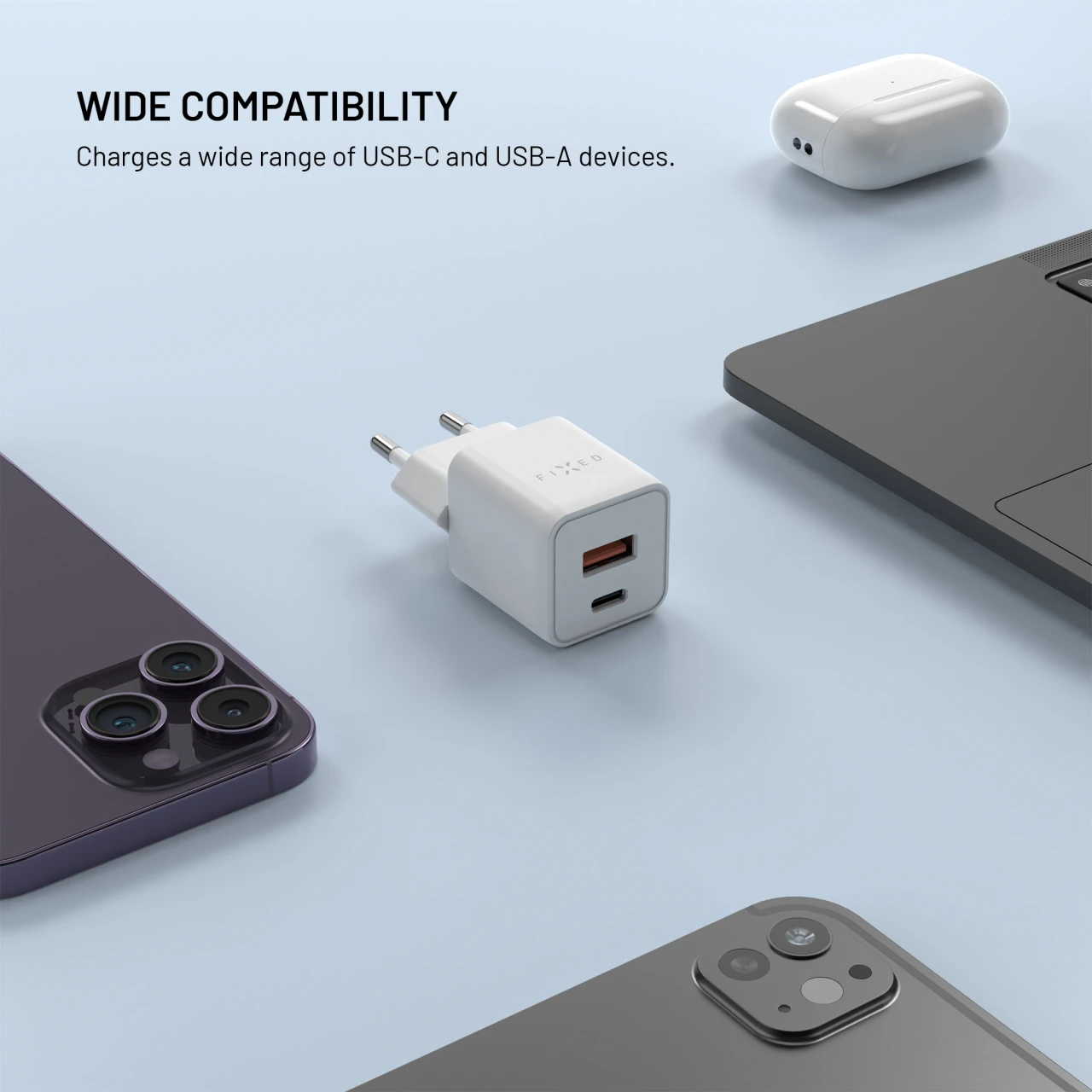 Síťová GaN nabíječka FIXED Mini s USB-C a USB výstupem a podporou PD, 30W, bílá