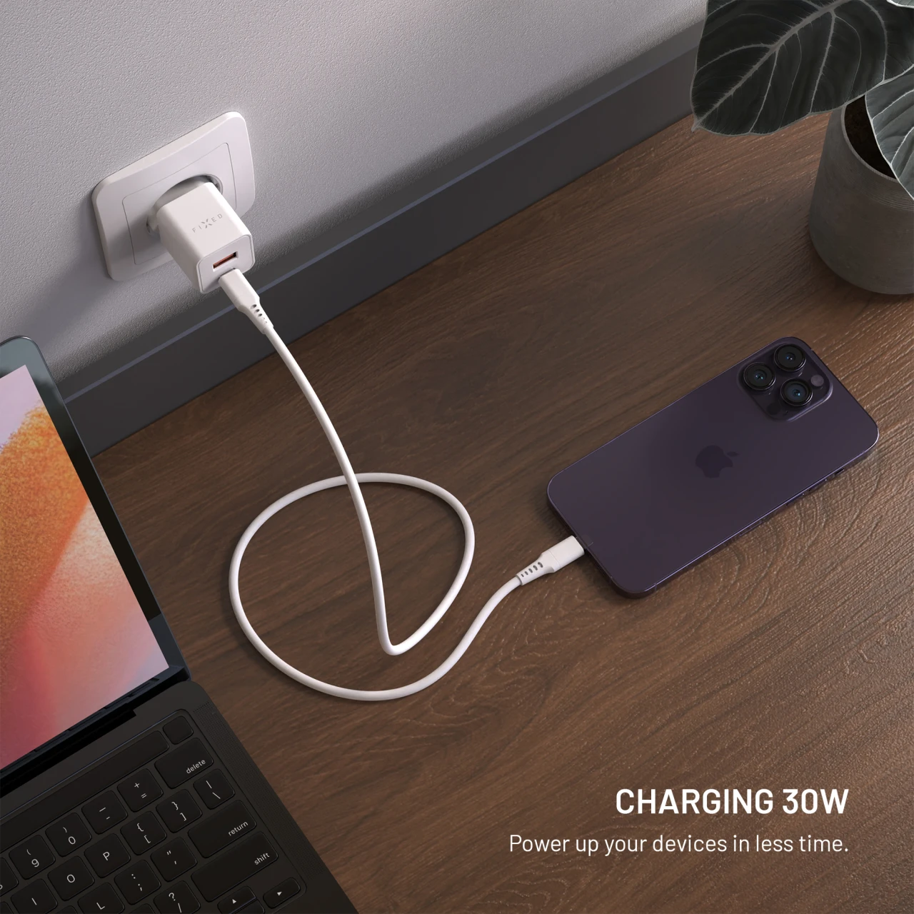 Síťová GaN nabíječka FIXED Mini s USB-C a USB výstupem a podporou PD, 30W, bílá