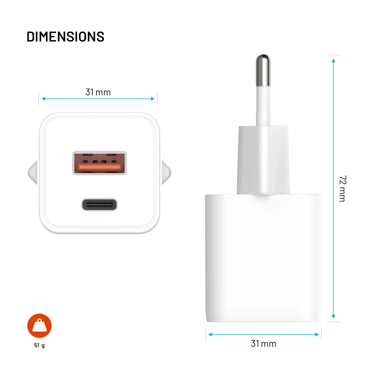 Síťová GaN nabíječka FIXED Mini s USB-C a USB výstupem a podporou PD, 30W, bílá