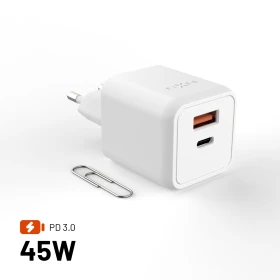 FIXED Mini GaN s USB-C a USB výstupem a podporou PD, 45W, bílá