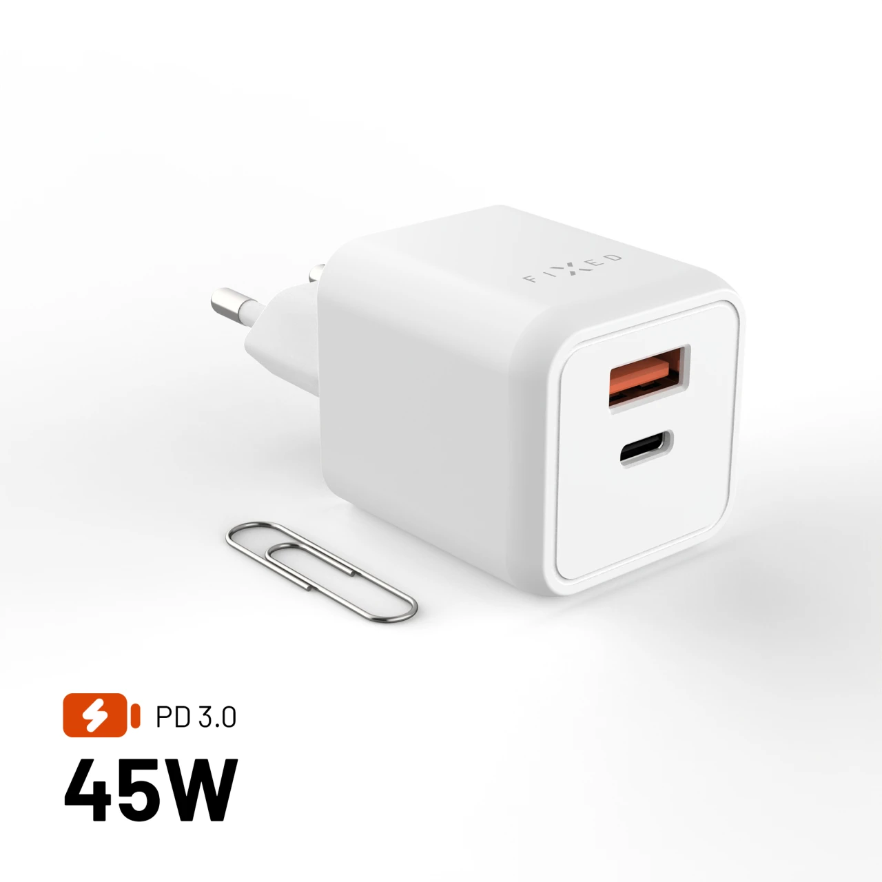 FIXED Mini GaN s USB-C a USB výstupem a podporou PD, 45W, bílá
