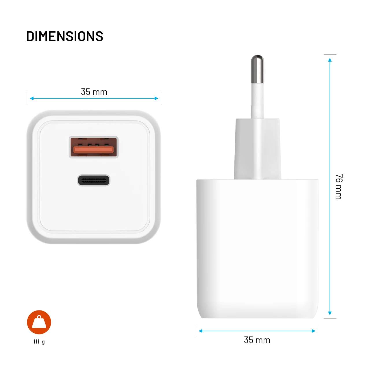 FIXED Mini GaN s USB-C a USB výstupem a podporou PD, 45W, bílá